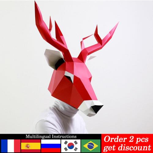 Pre-cut Christmas Deer Animal Adult Head Mask Paper Model,3D Low-poly Papercraft,Party Cosplay Prop,Handmade DIY Toy RTY094