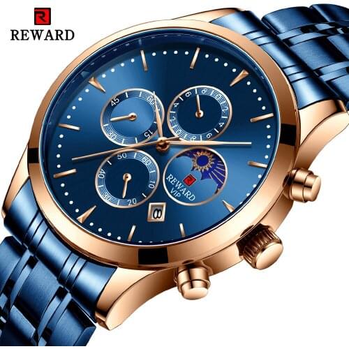 REWARD Men Watch Fashion Blue Quartz Clock Mens Watches Chronograph Full Steel Business Waterproof Wrist Watch erkek kol saati