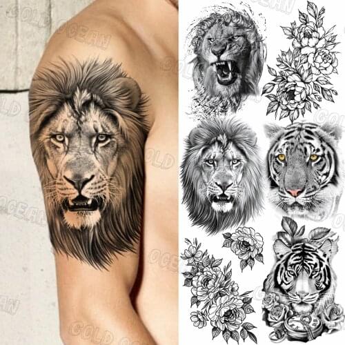 Realistic Black Large Lion Temporary Tattoos For Men Women Adults Tiger Rose Waterproof Fake Tattoo Sticker Arm Tattoos Back