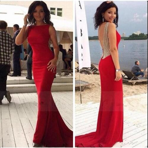 Sexy Backless Red Mermaid Evening Dresses 2017 with Bateau Neck Beaded Chiffon Long Nigerian Prom Party Formal Gowns Beading