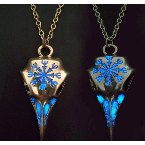 Vintage Viking Helm of Owe raven Crow Skull Luminous Pendant Necklace for Men women Gothic wicca glow in dark Retro Neck Chain
