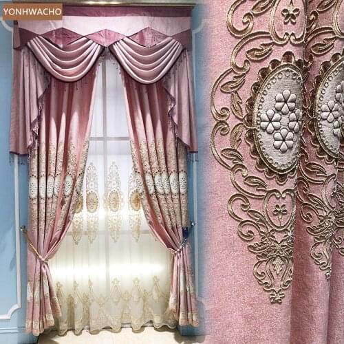 Custom curtain Luxury European high class chenille embroidery pink princess cloth blackout curtain valance tulle panel C451