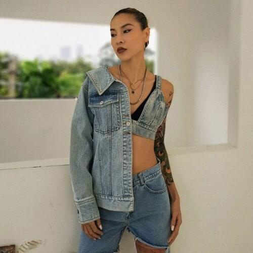 2020 Fashion Chic Denim Jacket Womens Sexy Sling Short Wrapped Chest Stitching Lapel One Shoulder Open Back Denim Jacket Trendy
