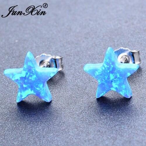 JUNXIN Female White & Blue Fire Opal Stud Earring Silver Color Jewelry Star Design Double Earrings For Women