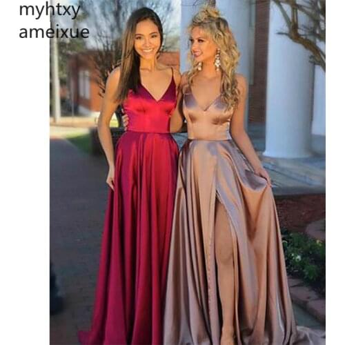 Simple Atmosphere Sexy Cheap Evening Dresse Satin Prom Party Sleeveless Floor Length Pleat Side Split Custom Made Robe De Soiree