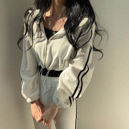 Women Hooded collar Drawstring Zipper Casual Short Coat Black And White Stripe Drawstring Hem Sport Coat 2020 Winter Women Coat