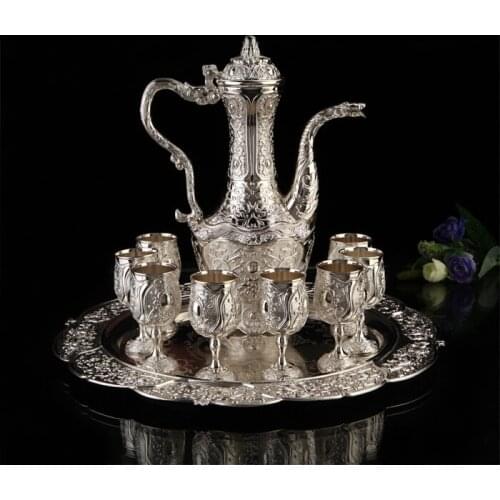 10PCS/set zinc alloy metal wine set decanter 1 wine pot flagon flask 8 cups tray drinksware embossed Home Decoration JJ028