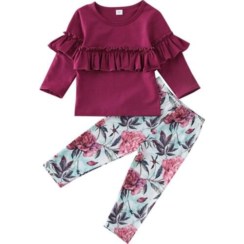 2PCS Autumn Toddler Baby Girls Clothes Sets Ruffles Long sleeve T-Shirt +Ruffles Flower Pants Outfits Baby Clothing 1-4Y