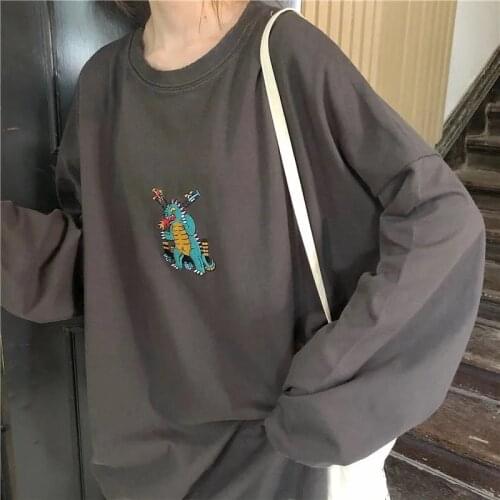 2021 Spring Dinosaur Embroidery Pullovers Sweatshirts women Colors O-Neck cute Hoodies Couples Fashion Korean Sweatshirt ins