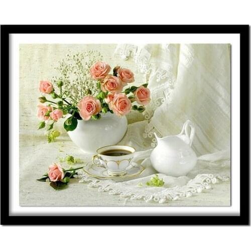 5D DIY Diamond diamond embroidery pink flowers and coffee embroidered Cross Stitch Home decoration Gift