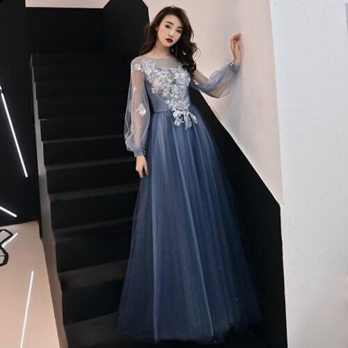 Banquet evening dress female 2019 summer mesh O-Neck navy blue star dreamy ladies birthday dress party dress long section