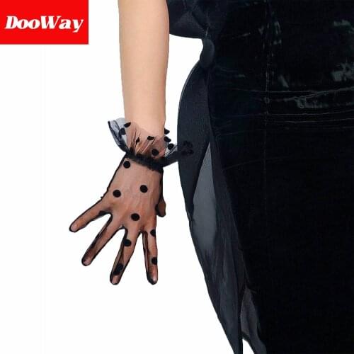 DooWay Lace Short Sheer Gloves Touchscreen Ruffled Trim Tulle Mesh for Women Wedding Pary (Black Big Dots)