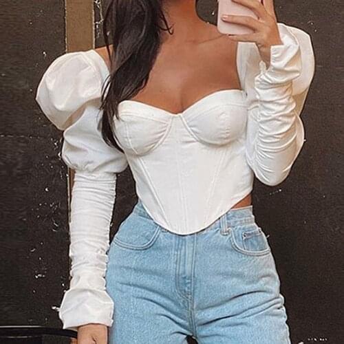 Elegant Romantic Blouse Women Square Neck Solid Ruched Long Puff Sleeve Vacation Top Slim Skinny Casual Streetwear Female 2021
