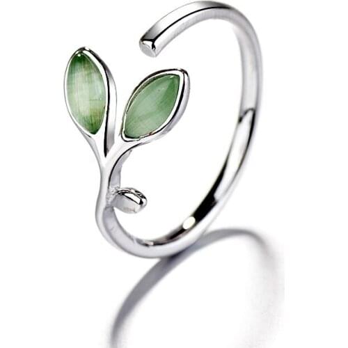 925 Sterling Silver Green Opal Leaves Adjustable Size Rings For Women Creative Fashion Wedding Jewelry eh265