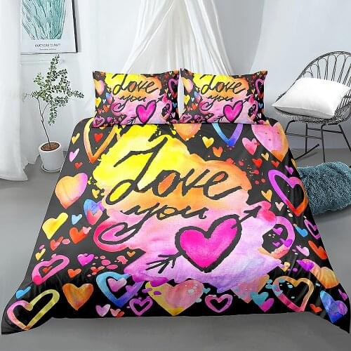 Love You Bedding Set Letters Hearts Duvet Cover Watercolour Quilt Cover Colorful Bed Set 2/3pcs Duvet Cover Set