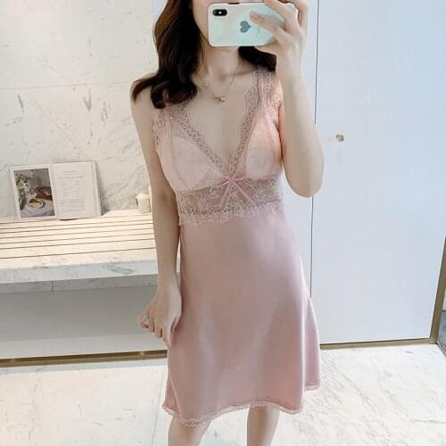 Lace Patchwork Summer Thin Nightgown V-neck Hollow Out Sleepwear Lady Casual Sleeveless Nighties Mini Sleepshirts With Chest Pad