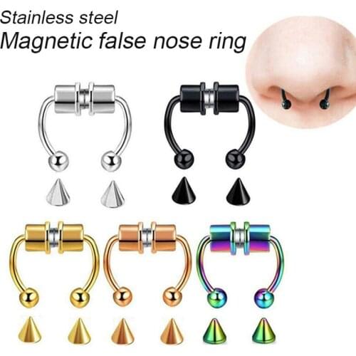 Magnetic Fake Nose Ring Stainless Steel Faux False Nose Ring Non-Pierced Clips on Nose Hoop Rings Rust-proof No Fading AA