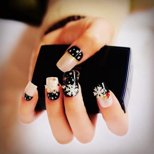 24pcs/set Pearl Nude Pink Black 3D Fake Nails French False Nails White Snowflake Star Full Nail Tips for Christmas Holiday Z904