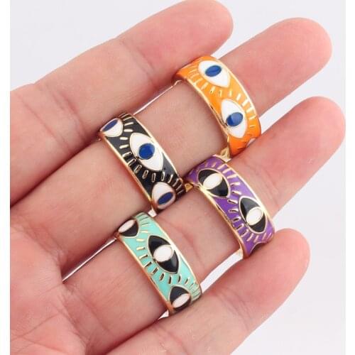 2021 New Fashion Enamel Engrave Cute Lovely Turkish Evil Eye Rings Wide Gold Color Eternity Band Rings for Women Drop Shipping