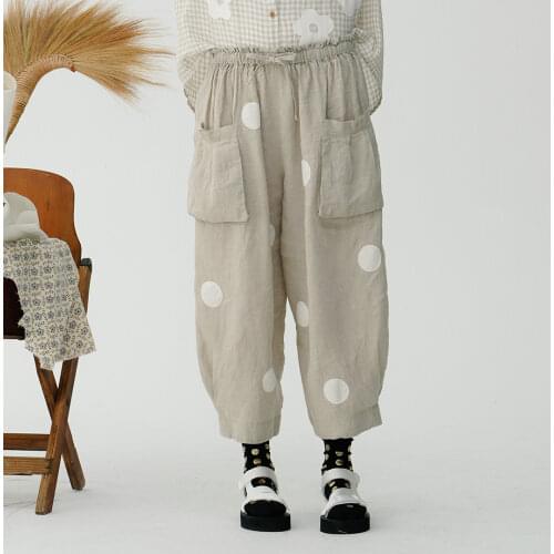 Imakokoni original linen wave point casual wide-leg pants female summer thin loose nine-point pants new 213330