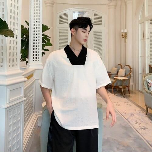 Fashion contrast collar pullover shirt men black white causal blouse Man 2019 new summer loose short sleeve chemise homme