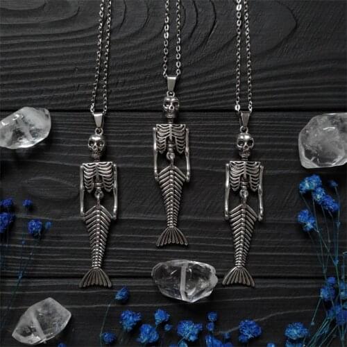 Mermaid Skeleton Necklace Gothic Mermaid Necklace witch style wiccan amulet witchcraft Halloween Jewelry dark style jewellery