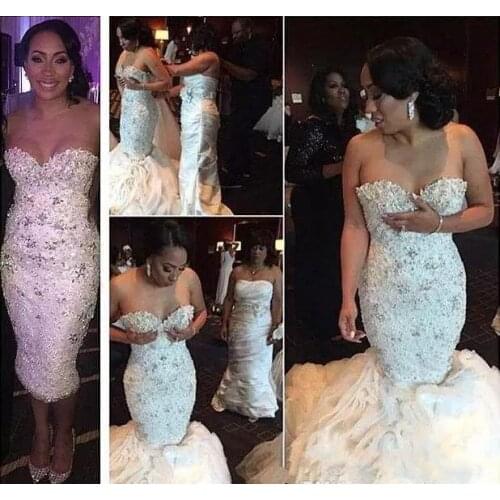 Gorgeous Lace Wedding Dresses Shinny Beaded Crystal Mermaid Bridal Gowns Sweetheart Detachable Train Wedding Party Dress