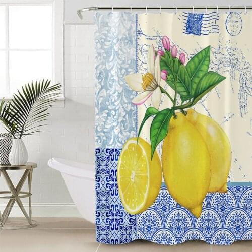 Blue And White Porcelain Texture Map Lemon Shower Curtains Waterproof Bathroom Curtain Polyester Bathroom Curtain with Hooks