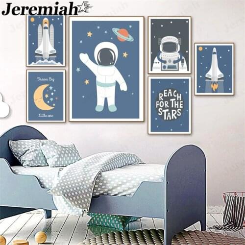 Modern Cartoon Astronaut Canvas Poster Simple Moon Planet Rocket Letter Painting Wall Art Childrens Room Home Decoration