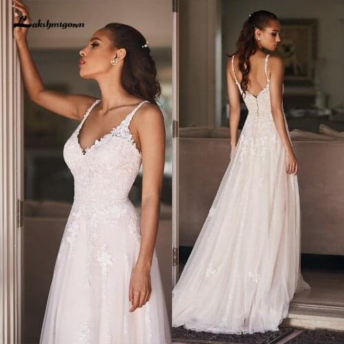 Dreamy Boho A-Line Wedding Dress robe mariee Lace Applique Tulle Beach Bridal Gown V-Neckline Beaded Waistline vestidos de noiva