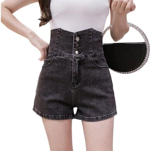 Women Fashion Buttoned Denim Shorts Spring Summer New Slim High Waist Wide Leg Hot Pants Light Blue Black Casual Denim Shorts
