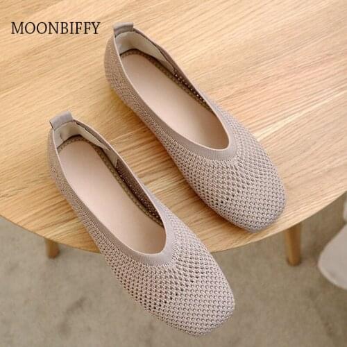 Womens Moccasins Ladies Footwear Summer Square Toe Grandma Shoes Casual Female Sneakers Shallow Mouth Knitting Flats