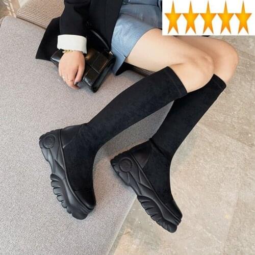Women Knee Autumn Fashion Solid Color Slip-On Genuine Leather Shoes Platform High Heels Winter Flock Black Long Boots