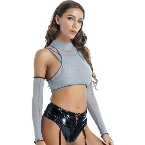 Women Music Festival Rock Concert Outfit Exotic Set See-through Mesh High Neck Cropped Vest with Sleeveless Crop Top And Sleeves