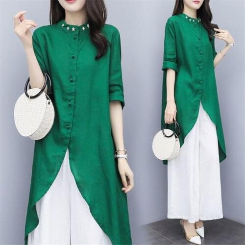 New spring 2pcs Women Two Piece set vintage Solid color Casual Three Quarter long Tops+wild leg Pants suit
