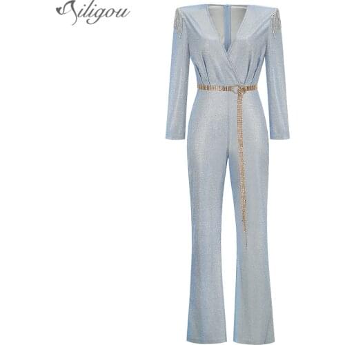 Ailigou 2021 New Summer Sequined Diamond Crystal Belt Long Sleeve V-neck Sexy Bodysuit Shiny Elegant Evening Nightclub Jumpsuit