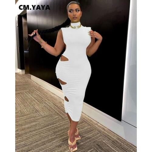 CM.YAYA Women Ruched Cut Out Hole Side Open Back Bodycon Dress Sexy Night Party Clubwear Summer Sleeveless Stacked Maxi Dresses