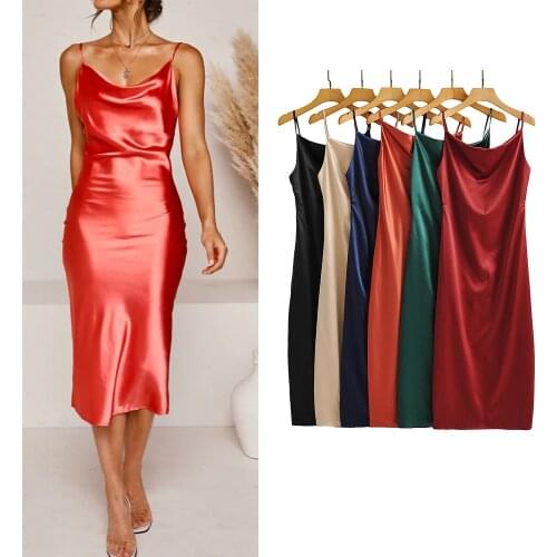 Za Fashion 2021 Women Dress Silk Sheath Sexy Party Dress Sleeveless Bodycon Dresses Chic Red Stain Vestidos Mujer Vintage Dress