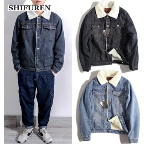 SHIFUREN Winter Men jeans Jacket Thick Warm Denim Jacket Outwear Long Sleeve Male Cotton Cowboy Streetwear Turn-down Collar