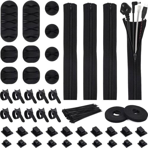 146Pcs Cable Management Organizer Kit Cable Sleeve With Zipper,Self-Adhesive Cable Ties,Cable Straps,Self Adhesive Ties