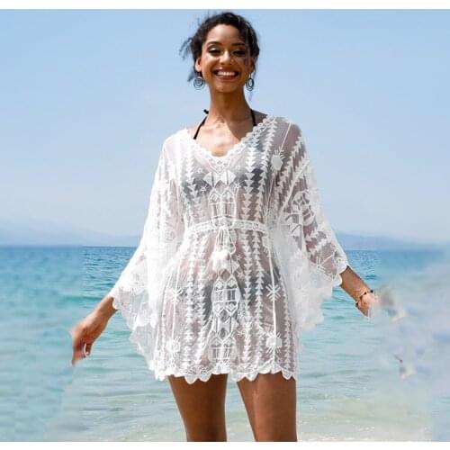 2021 Sexy See Through Bikini Cover-ups White Lace Tunic Women Summer Beach Wear Swim Suit Cover Up Transparent Mini Dress Q1309