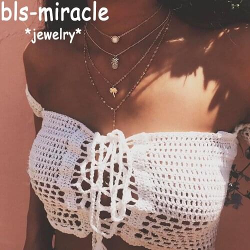 Bls-miracle Bohemia Multi-layer Protein Stone Necklaces For Women Alloy Pineapple Coconut Tree Necklace Simple Jewelry Girl Gift