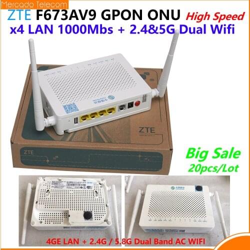 Big Sale 20pcs zte F673a V9 x4GE LAN + Dual Band 2.4&5G WIFI +1Voice +2usb GPON ONU FTTH F673av9 English Firmware 5G ONT