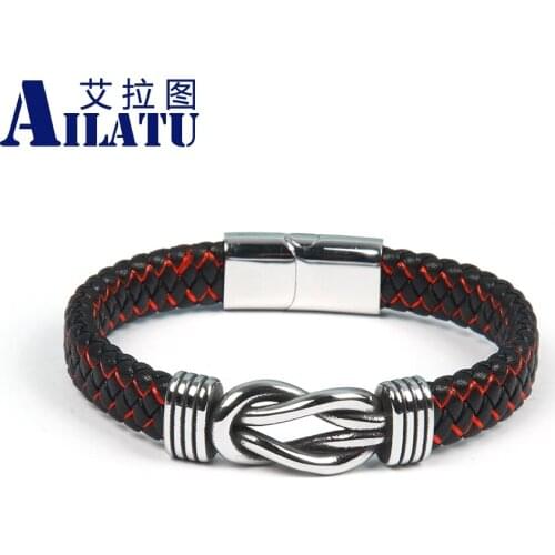 Infinity Symbol Stainless Steel Genuine Leather Knot Shape Bracelet Vintage Wrap Braided Bangles Drop Shipping and Logo Printing