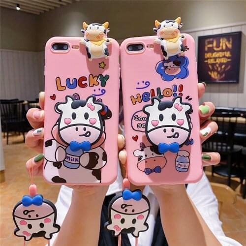 For iPhone 12 11 Pro Xs Max Xs XR 6 7 8Plus SE 2020 Case Milk Cow TPU Case Ring Soft Phone Strap Rope Case