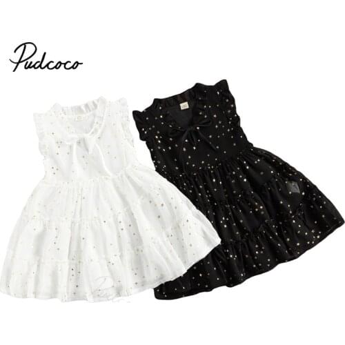 2021 Baby Summer Clothing Children Girl Sleeveless Bronzing Dress with Ruffle, Girls Round Collar Middle Length Princess Dresses