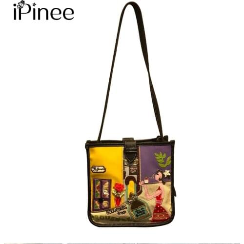 IPinee Women Cartoon Pattern Embroidery Shoulder Bag Fashion Small Bag Retro Elegant Shopping Bags PU Leather Bucket Handbag