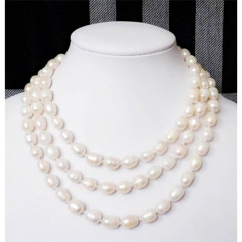 Fashion Long 50inches 7-8MM Natural White Akoya Cultured Rice Pearl Necklaces