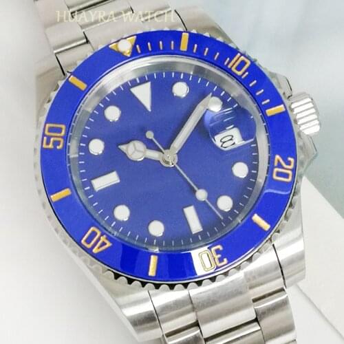 Stainless steel 40mm watch mens top classic automatic machine sapphire crystal blue ceramic ring blue dial date