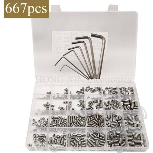 667pcs Hex hexagon socket cone point set screw assortment kit M2 M2.5 M3 M4 M5 M6 M8 stainless steel grub screw with hex key